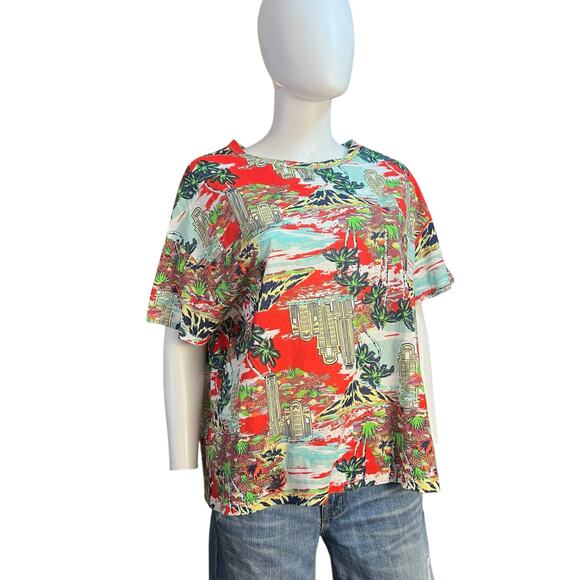 Zara Red Tropical Print Lightweight Boxy Cotton Tee T-Shirt Size L - Picture 1 of 5
